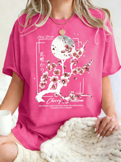 Japanese Cherry Blossom Design Women'S T-Shirt Loose Cotton T Shirts Crewneck Trendy Short Sleeve Y2K Summer Casual Streetwear