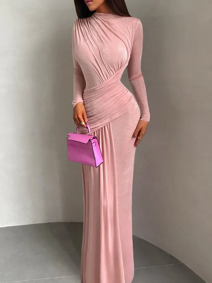Folds Maxi Dress Women o-Neck Full Sleeve Solid Banquet Elegant Vacation Fashion Autumn Skinny Casual Simple Vestidos