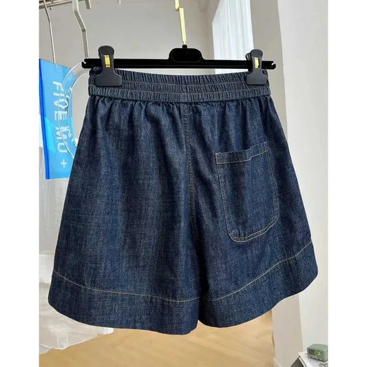 European-style high-end elastic waist casual denim shorts for women, summer thin loose high-waist A-line wide-leg hot pants