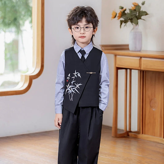 High Quality Embroidery Suit Set 4 Pieces For Kids Piano Performance,Handsome Double Breasted Boys Suits Photography Wear