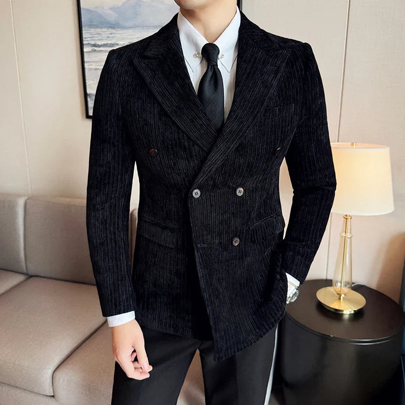 Autumn Winter New Men Corduroy Suit Jackets Double-Breasted Striped Slim Fit Casual Coats High Quality Formal Business Tailcoat