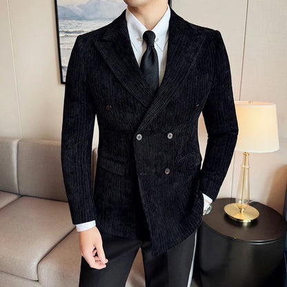 Autumn Winter New Men Corduroy Suit Jackets Double-Breasted Striped Slim Fit Casual Coats High Quality Formal Business Tailcoat