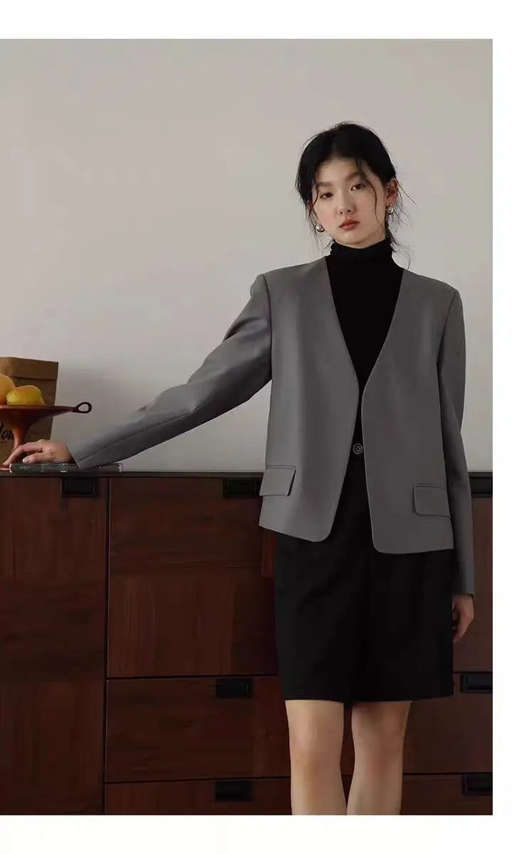 Womens Gray Collarless Blazer Cropped Open Front Suit Jacket Casual Office Outerwear