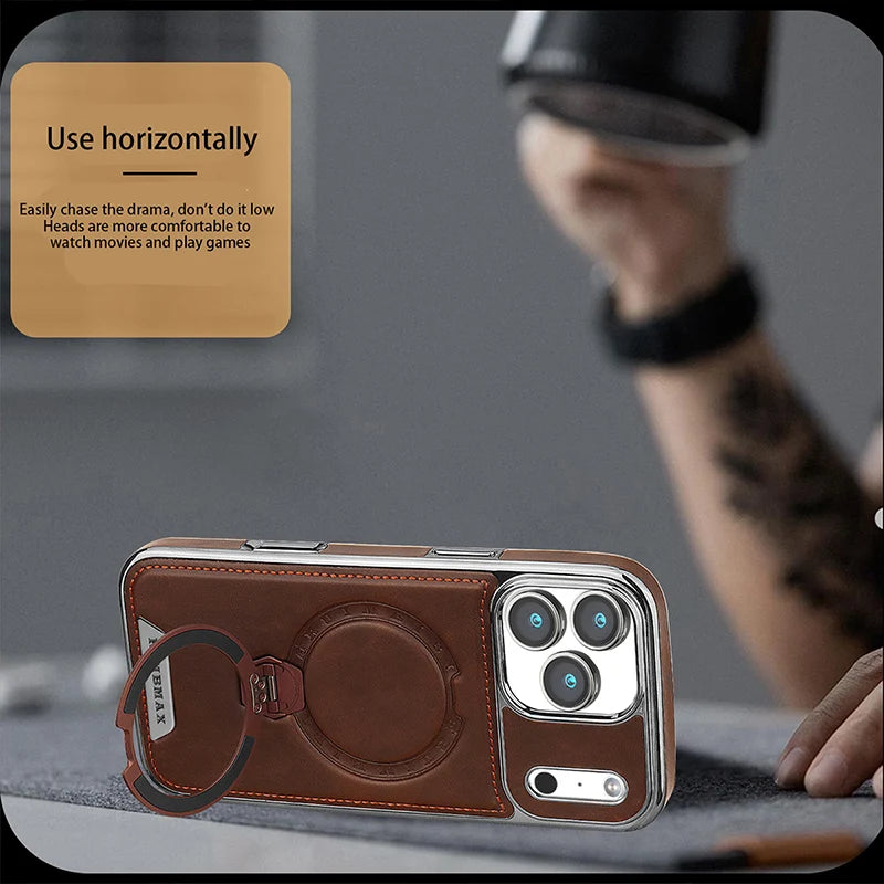 Magnetic Rotat Bracket Luxury Leather Phone Case,For iPhone 11 12 13 14 15 16 17 Pro Max Plus Wireless Charging Shockproof Cover