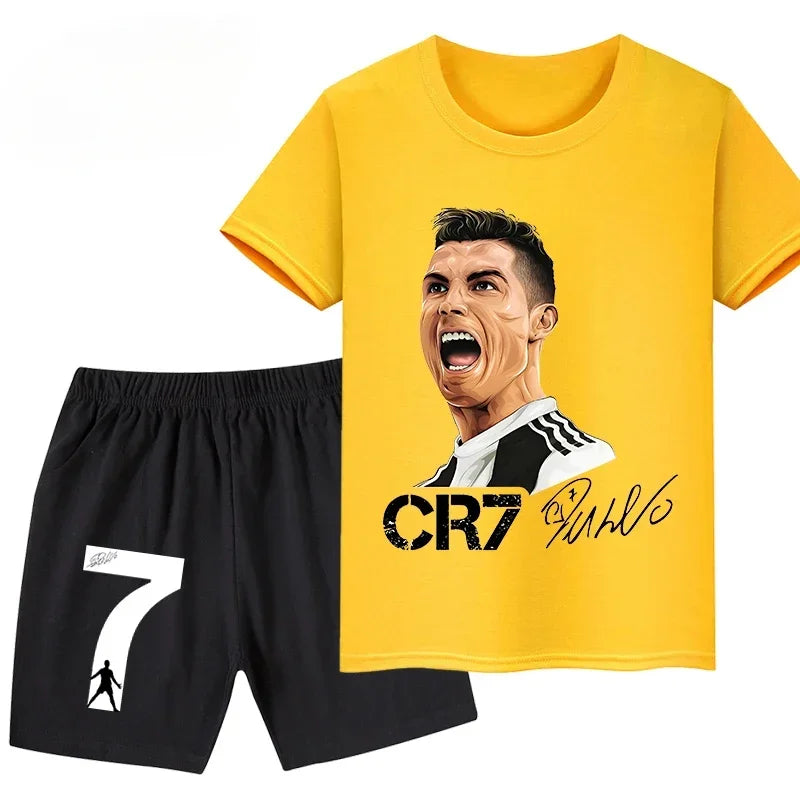 2026 Ronaldo Football Player CR7 Printed Children Clothing Casual T-shirt+Shorts 2pcs Sets Summer Kids Boys Fashion Sportsuits.