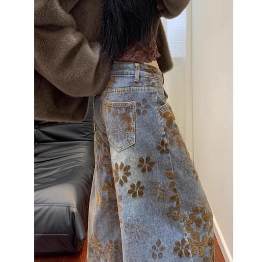 Ladies Retro American Floral Embroidery Wide Leg Jeans Spring New Loose Slimming Straight Tube Pants Couples Style Floor-Length
