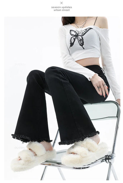 Spring Summer Flared Jeans Women Cotton Vintage Blue Denim Pants Streetwear Elastic High Waist Slim Harajuku Trouser Plus Length