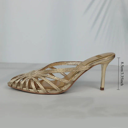 New Gold Hollow Thin Strip Heels for Women Luxury Pointed Toe Heeled Pumps Office Lady Mules Summer Stiletto Shoe Sandals 2025