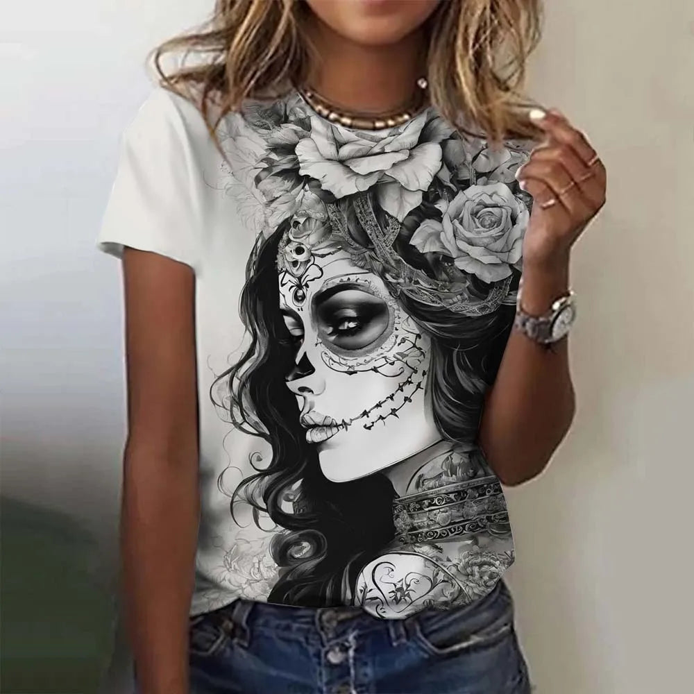 Women's T-shirt for Girls Short Sleeve Casual Sexy Girls Clothes Summer Day of the Dead Undead Skull Pattern oversized T-shirts