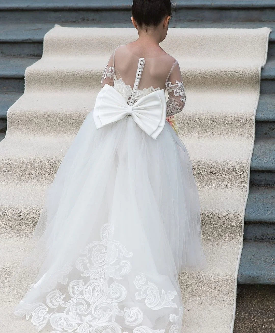 Flower Girl Dresses For Weddings Long Sleeve Lace Tulle Bow Back Children's Elegant Dress vestidos para niñas