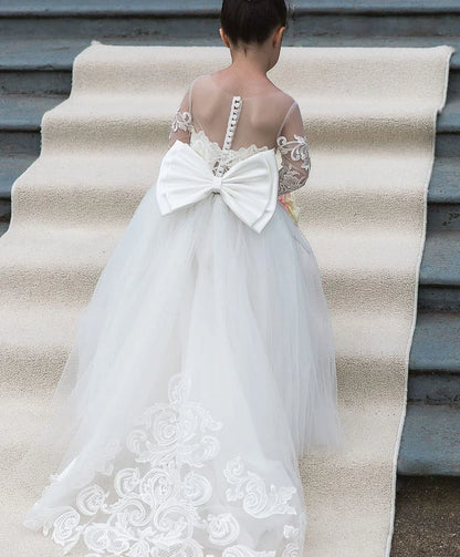 Flower Girl Dresses For Weddings Long Sleeve Lace Tulle Bow Back Children's Elegant Dress vestidos para niñas