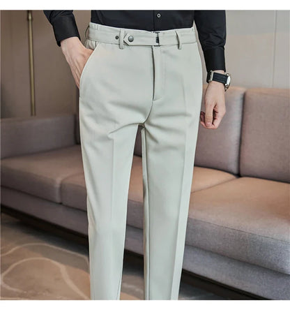 Fashion Belt Decoration Design Men's Suit Pants High Quality Business Slim Fit Casual Straight Formal Wedding Party Trousers