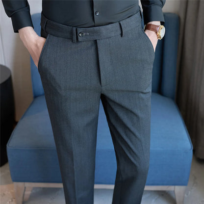 Autumn Winter New Thickened Wool Striped Suit Pants Men's High Qualitys Elastic Waist Slim Fit Business Casual Trousers 38-29
