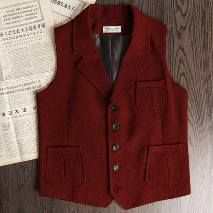 Men Vest Brown Herringbone Single Button With Lapel And Pocket Waistcoat For Wedding Banquet Business Casual Work Men Suit Vest