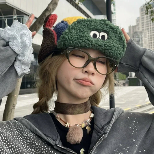 Winter Thickened Plush Ear Protection Bomber Hats for Men and Women Outdoor Riding Warm Retro Contrasting Color Pilot Caps
