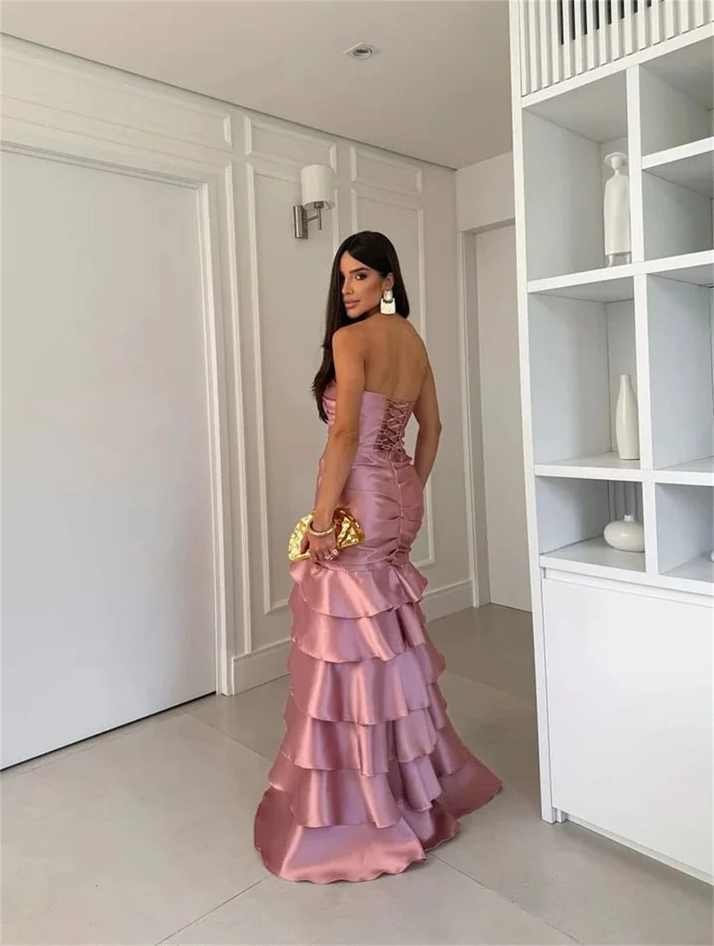 Customized Pink Tiered Ruffle Mermaid Corset Prom Dresses Sleeveless Vestidos De Noche Floor-Length Formal Evening 2026
