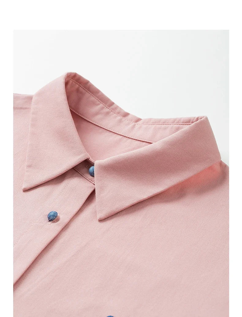 Women Blouse Shirt 2025 Spring New Love Embroidered Simple and Versatile Solid Color Pure Cotton Shirt Tops