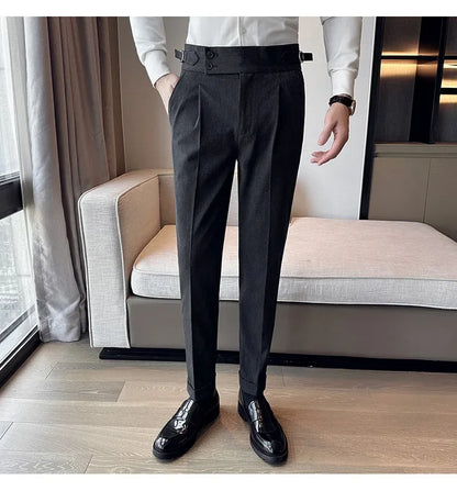 Autumn Winter High Waist Business Dress Pants Men Casual Belt Design Slim Suit Pants Formal Wedding Social Party Male Trousers