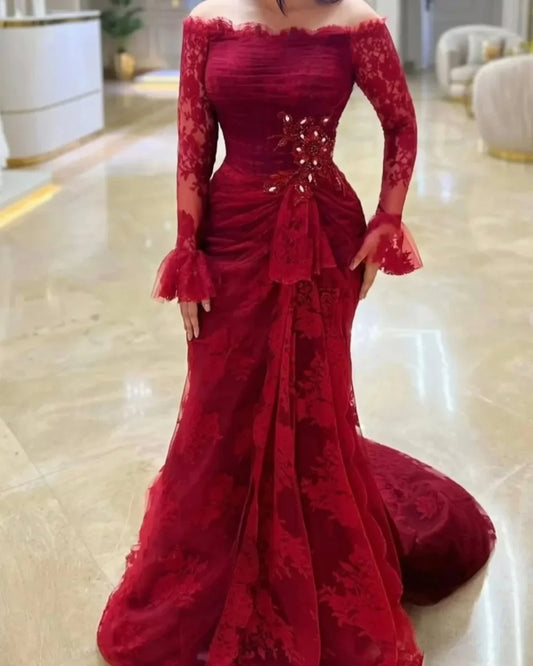 Customized High Quality Intricate Lace Handmade Flower Ruched Mermaid Off-the-shoulder Long Dresses Bespoke Occasion Dresses