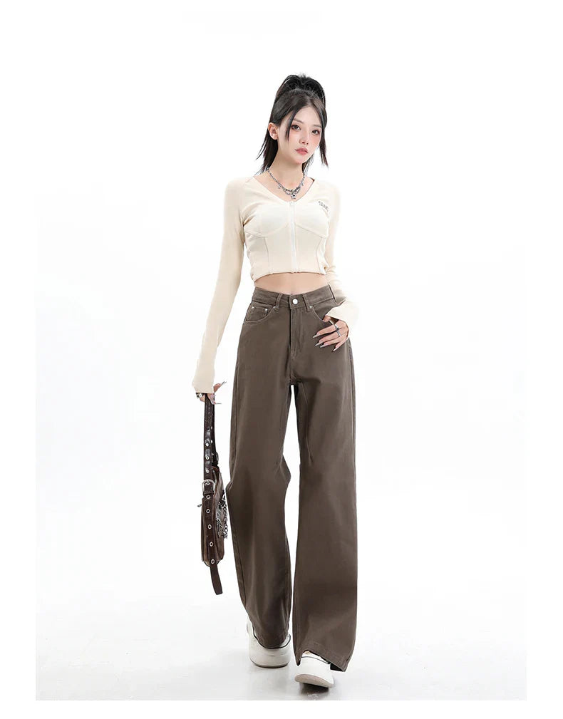 Baggy High Street Fashion Straight brown Jeans for Women's Y2k High Waist Female Clothing Solid Color Casual Wide Denim Trousers