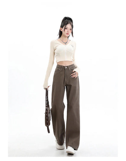Baggy High Street Fashion Straight brown Jeans for Women's Y2k High Waist Female Clothing Solid Color Casual Wide Denim Trousers