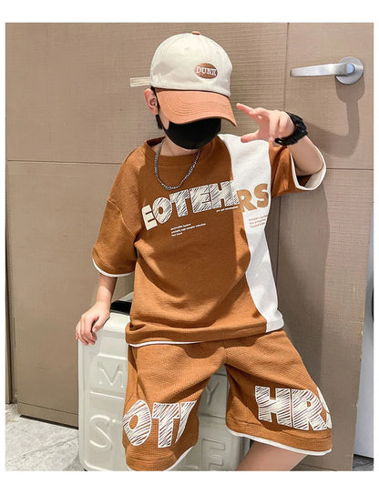 Summer Boys Contrast Patchwork Alphabet Waffle Tee Tops+Shorts Pant School Kids Tracksuit Child 2PCS Outfit Workout Set 5-16 Yr