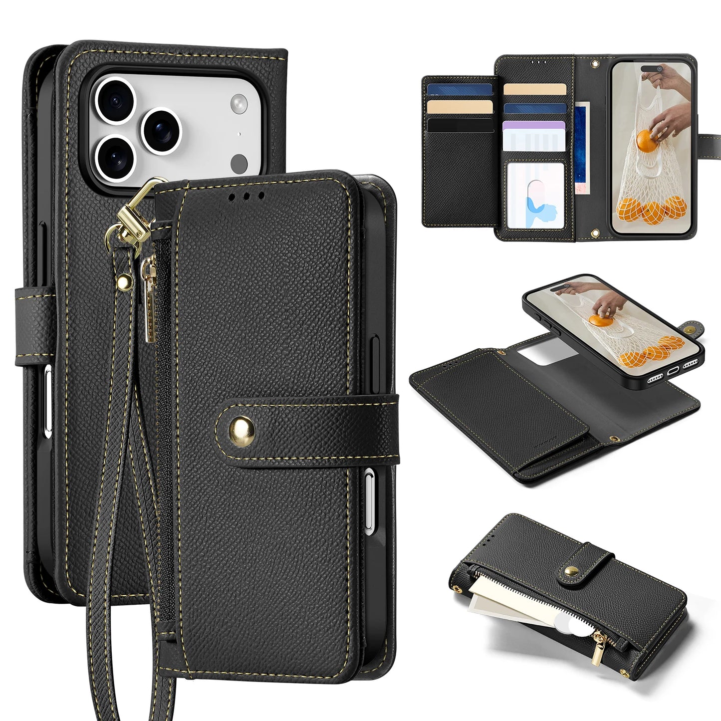 2in1 Magnetic Detachable Wallet Folio Case for iPhone 17 Pro Max/17 Air/16plus 15Leather Cover with Card Slots & Clasp