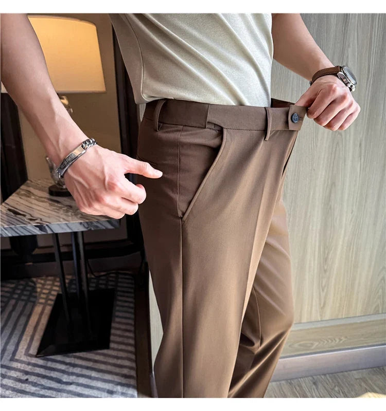 High Quality Modal Acetate Elastic Waist Casual Pants 2026 Spring Summer New Men's Solid Color Slim Fit Business Suit Pants