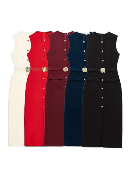 Female Summer Elegant Midi Dress O-Neck Hem Slit With Belt Sleeveless Single Breasted Back Zipper Fashion Long Dress