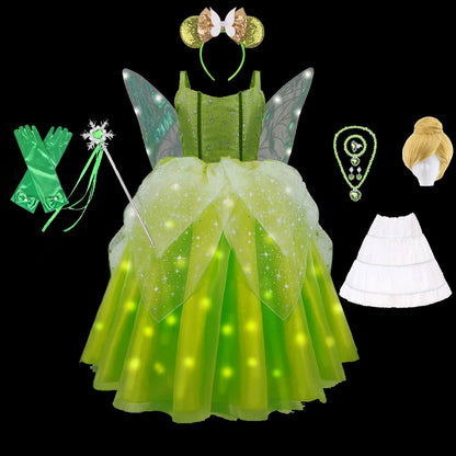 Girls Tinkerbell Fairy Dresses LED Light Up for Girls Costume Kids Cosplay Flower Fairy Princess Clothes Christmas Party Outfit
