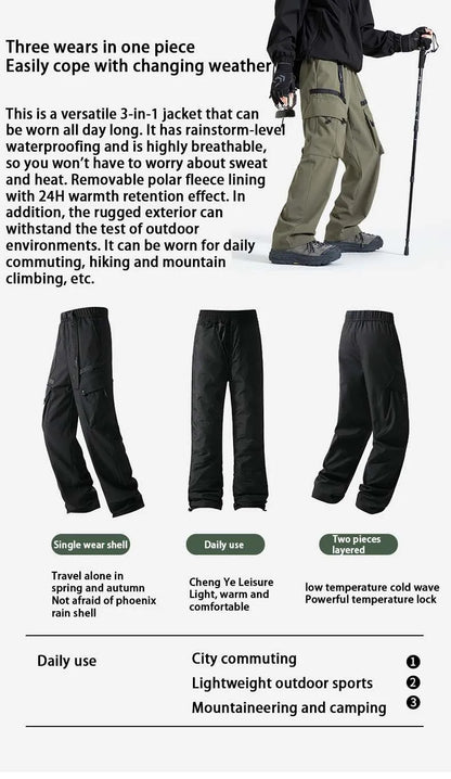 Winter Three-Tn-One Down Hiking Pants Men Windproof Waterproof Antifouling 90 White Duck Down Removable Liner Outdoor Sport Pant