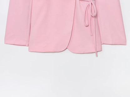 Women Notched Lapel Blazer with Floral Rose Belt Waist Tie Slim Long Sleeve Suit Jacket