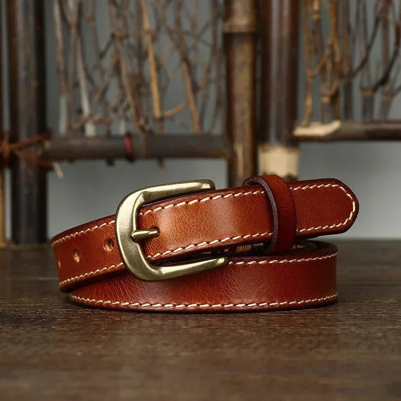 2.4CM Ladies Pure Cowhide High Quality Genuine Leather Thin Belts for Women Copper Buckle Jeans Cowboy Korean Version Female