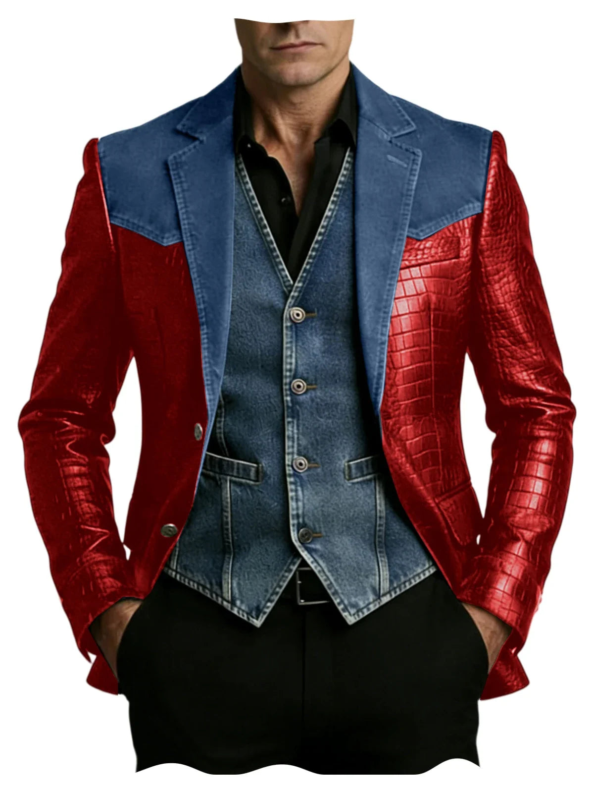 Men's Patchwork Denim & Crocodile Leather Blazer Two-Tone Western Style Suit Jacket Vintage Casual Fashion Coat