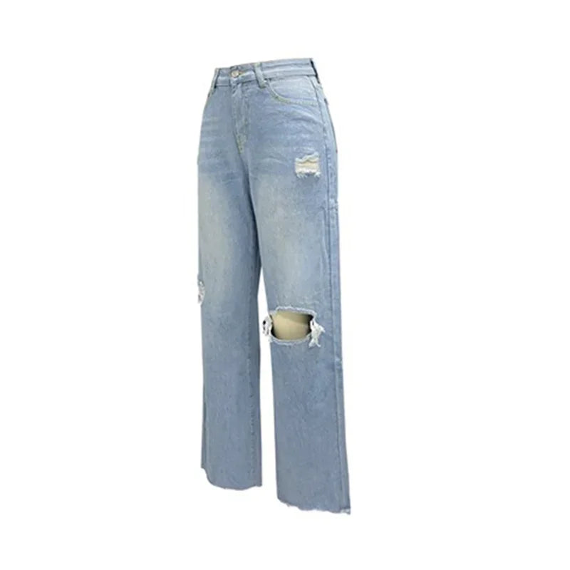 Women Knee Broken Holes Trend Straight Jeans Fashion Comfortable Casual High Waist Denim Pants Female Loose Wide Leg Trousers 24