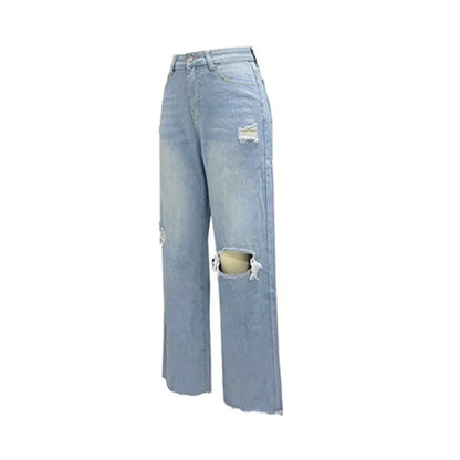 Women Knee Broken Holes Trend Straight Jeans Fashion Comfortable Casual High Waist Denim Pants Female Loose Wide Leg Trousers 24