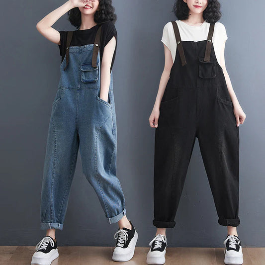 Loose Women's Denim Overalls Faionable Spring Summer High Waist Long Pants Thermal Properties Deep Color Korean Sle