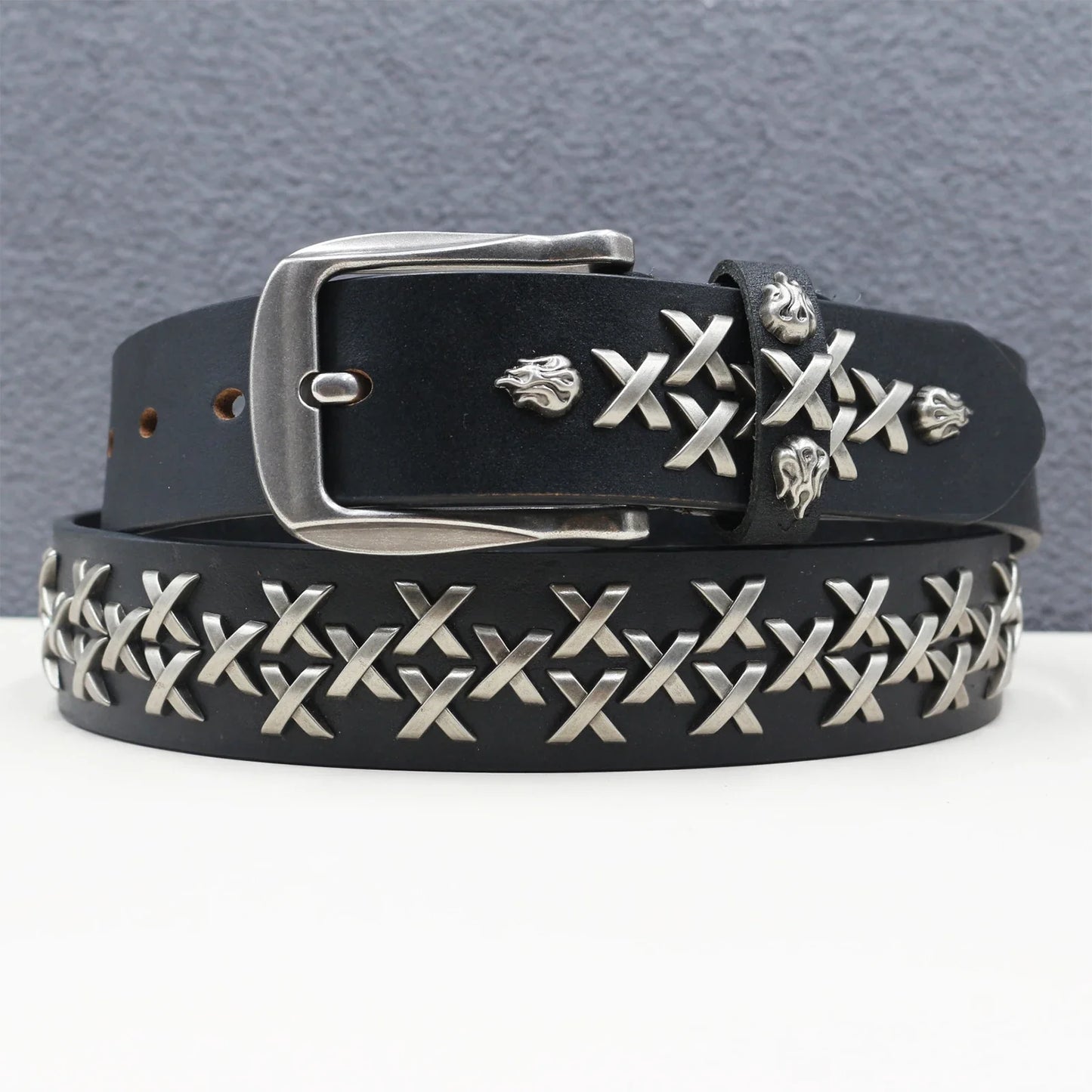 Rock Genuine Leather Luxury Punk Belt Jeans Heavy duty Hollow manual  Designer Brand Belt Men Rivet Three-pin buckle Belt Male