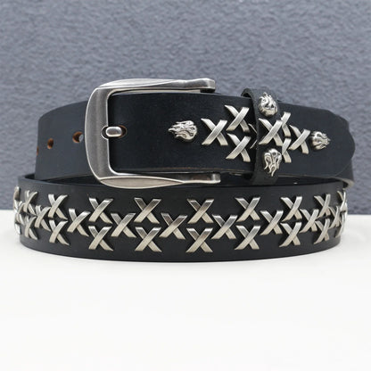 Rock Genuine Leather Luxury Punk Belt Jeans Heavy duty Hollow manual  Designer Brand Belt Men Rivet Three-pin buckle Belt Male