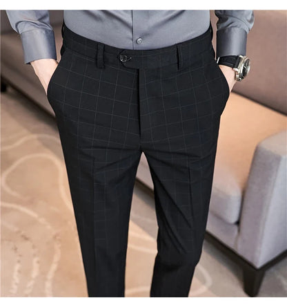 2026 High Quality Men's Plaid Striped Suit Pants Fashion Business Slim Fit Casual Straight Pants Formal Wedding Party Trousers
