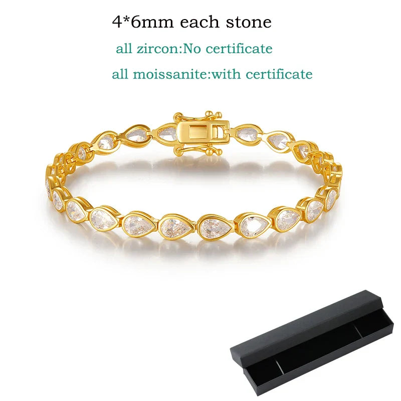 Plated 18K Pear Cut Zircon Moissanite Tennis Bracelet for Women Men 4*6mm Gems Luxury Wedding Chain Pure S925 Silver