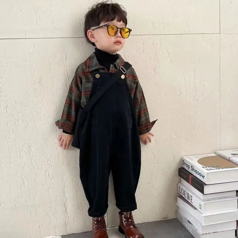 Korean Children's Clothing Girl Boys Suspender Pants+ Checkered Shirt Set Girls Baby Shirt Outfits Spring Autumn Kids Jeans Sets