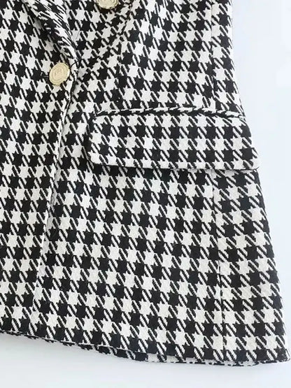 Women Fashion Double Breasted Houndstooth Blazer Coat Vintage Long Sleeve Flap Pockets Female Outerwear Chic Vestes