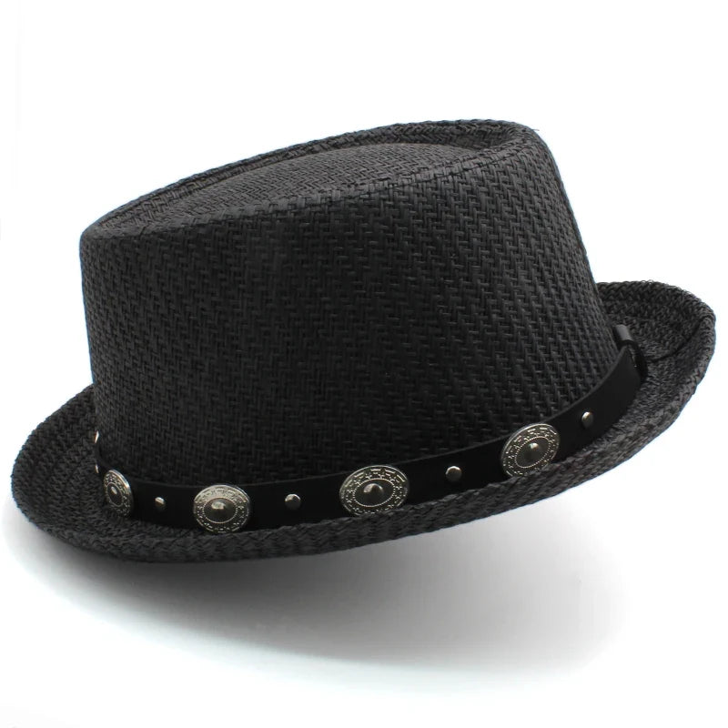 Men Women Straw Pork Pie Hats Summer Sunhat Boater Caps Sailor Sombrero Beach Fedora Trilby Outdoor Travel US Size 7 1/4 UK L