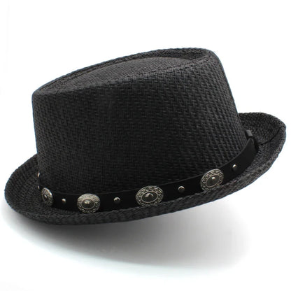 Men Women Straw Pork Pie Hats Summer Sunhat Boater Caps Sailor Sombrero Beach Fedora Trilby Outdoor Travel US Size 7 1/4 UK L