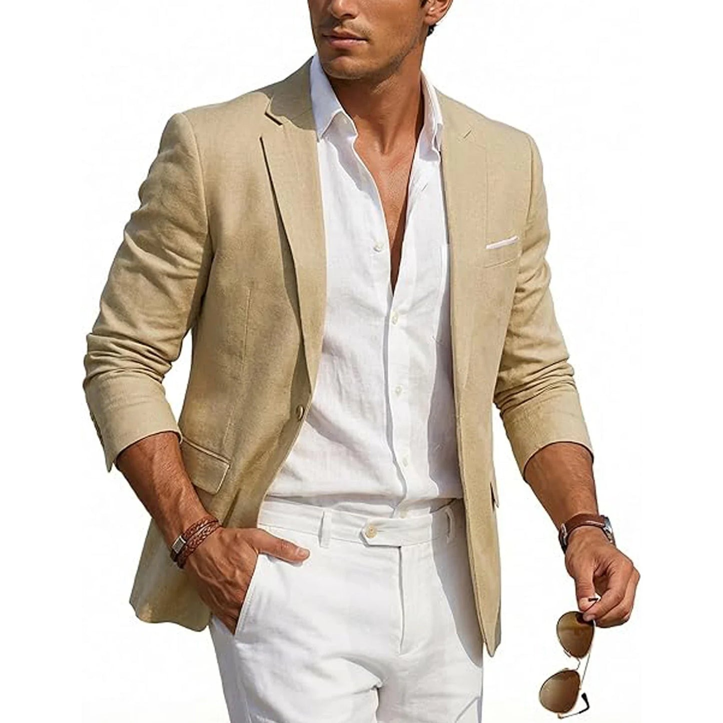 Men's Casual Linen Blazer Slim Fit Formal Business Lightweight One Button Suit Jacket for Spring/Summer Beach Wedding Sport Coat