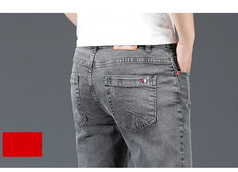 2025 New Men's Cotton Business Casual Skinny Jeans Trendy Fashionable Stretch Straight Slim Denim Trousers Male Blue Grey