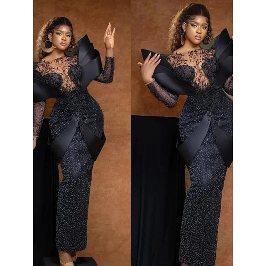 Black Aso Ebi Plus Size Evening Gown Long Sleeve Beaded Lace Birthday Dress Illusion Bodice Formal Dress for Women Customized