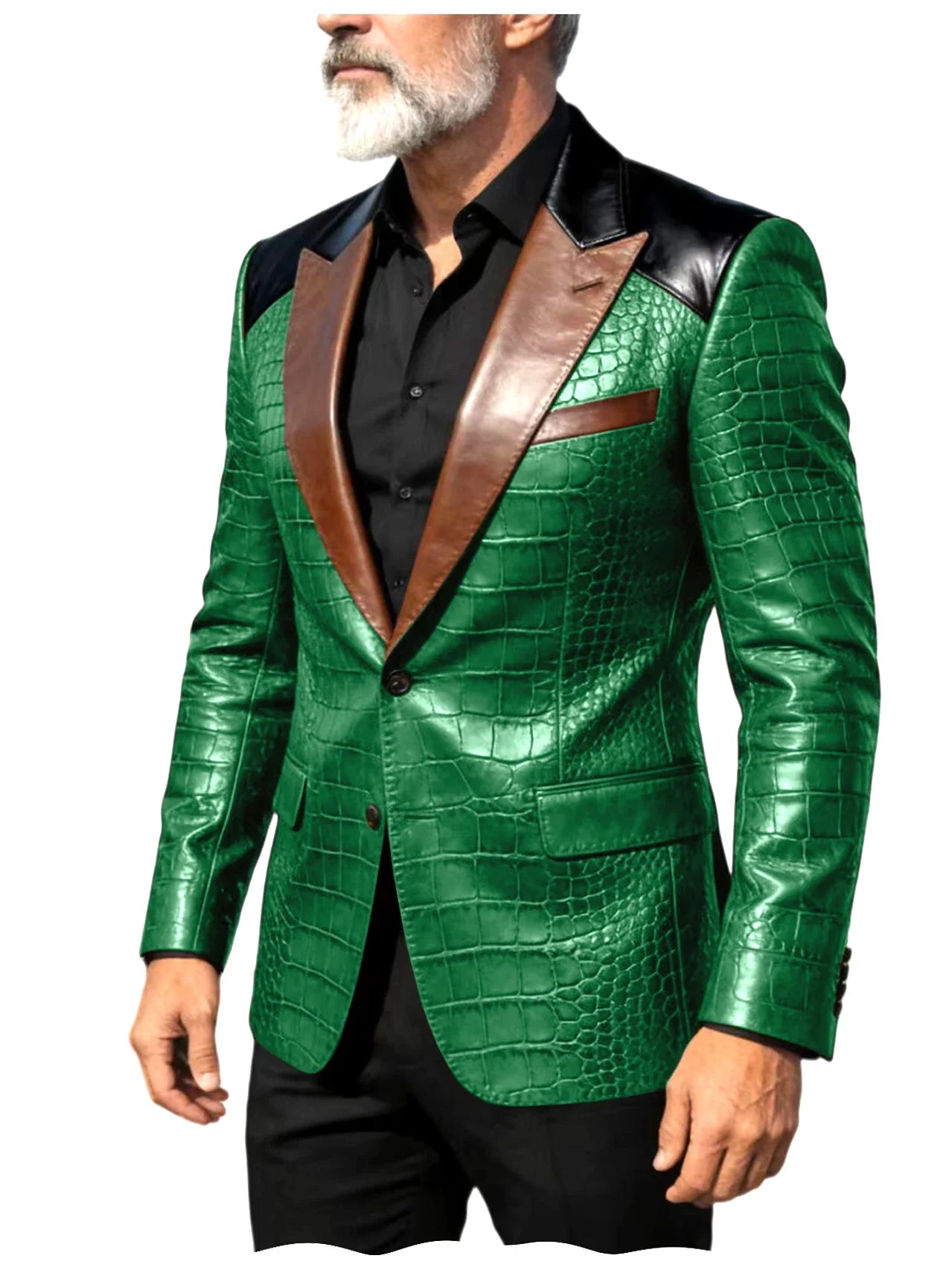 Men's Crocodile Embossed Leather Blazer Luxury Patchwork PU Leather Suit Jacket Slim Fit Peaked Lapel Casual Business Outerwear