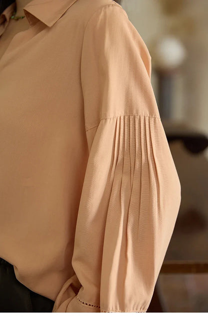 Women's Shirt Lantern Sleeve Hollow Out Tops 2025 Autumn Single Breasted Solid Shirts Lapel Shirt Office Lady MXE41C2359